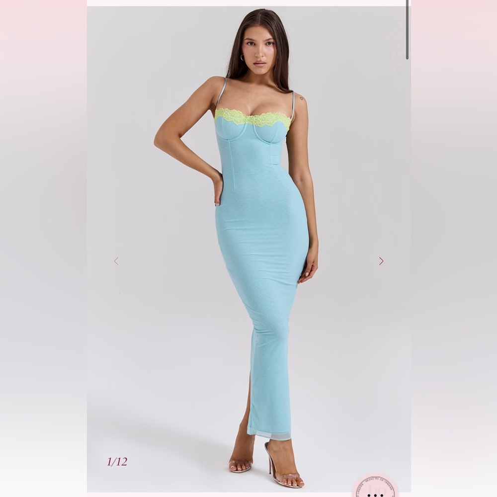 New House Of Cb Aiza Ocean Blue Contrast Lace Maxi Dress